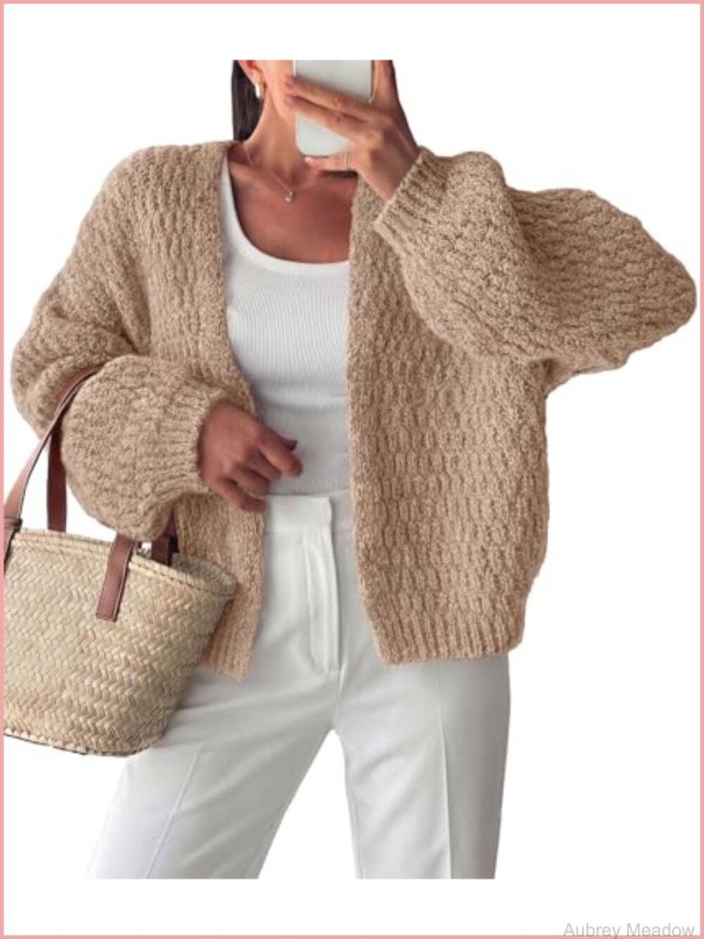 Chunky Knit Cardigan Sweater for Women Open Front Shawl Neck Lantern Sleeve